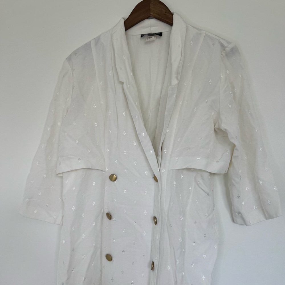 14 Vintage Old Money Minimalist White Patterned Collared V-Neck Midi Dress Gold - Picture 5 of 13